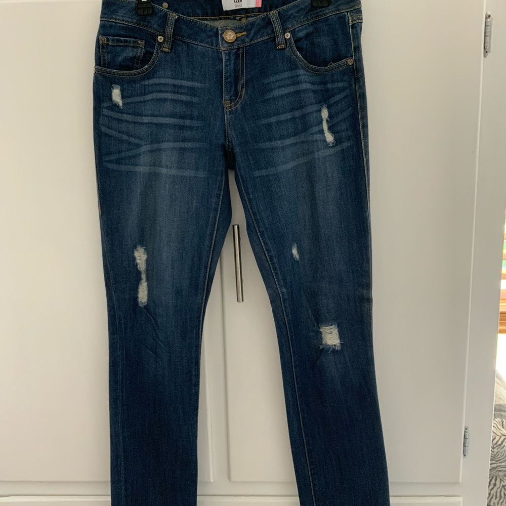 CAbi Dark Blue Distressed Straight Leg Jeans